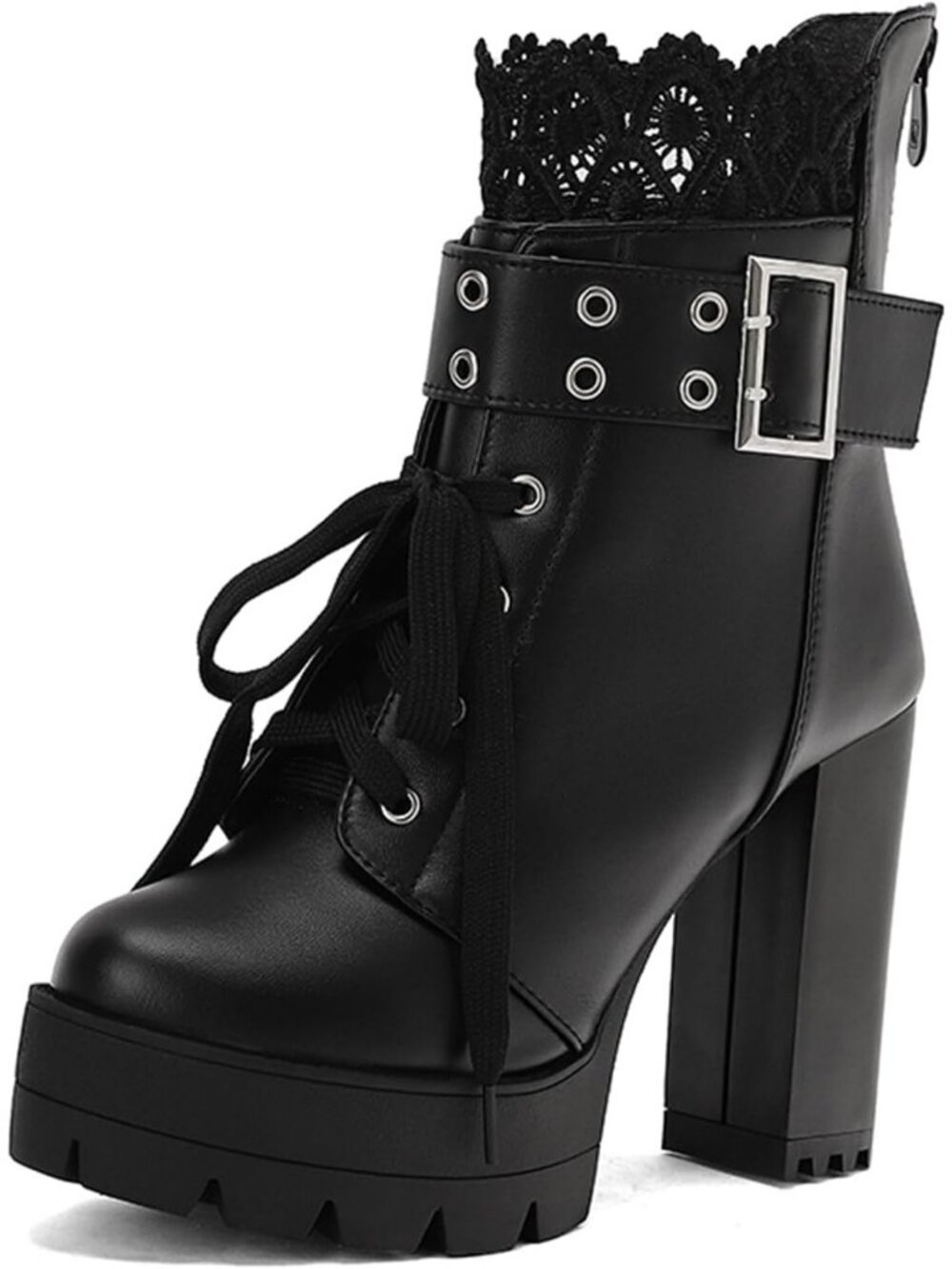 Women's Heels Black Buckle Rivets Punk Block Heel Round Toe Zipper Ankle Boots